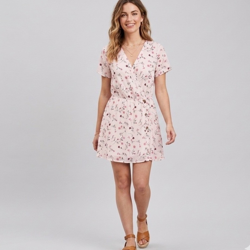 Sienna Sky Faux‎ Wrap Dress Women Small White Pink Floral Short Sleeve Mini